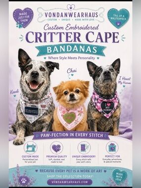 Vondanwearhaus Custom Embroidered Critter Cape Bandanas - Order today!